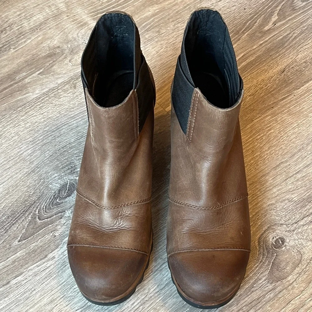 Sorel Addington Chelsea Wedge Heel Boots Brown Leather Womens 9.5 UK 7.5 EU 40.5